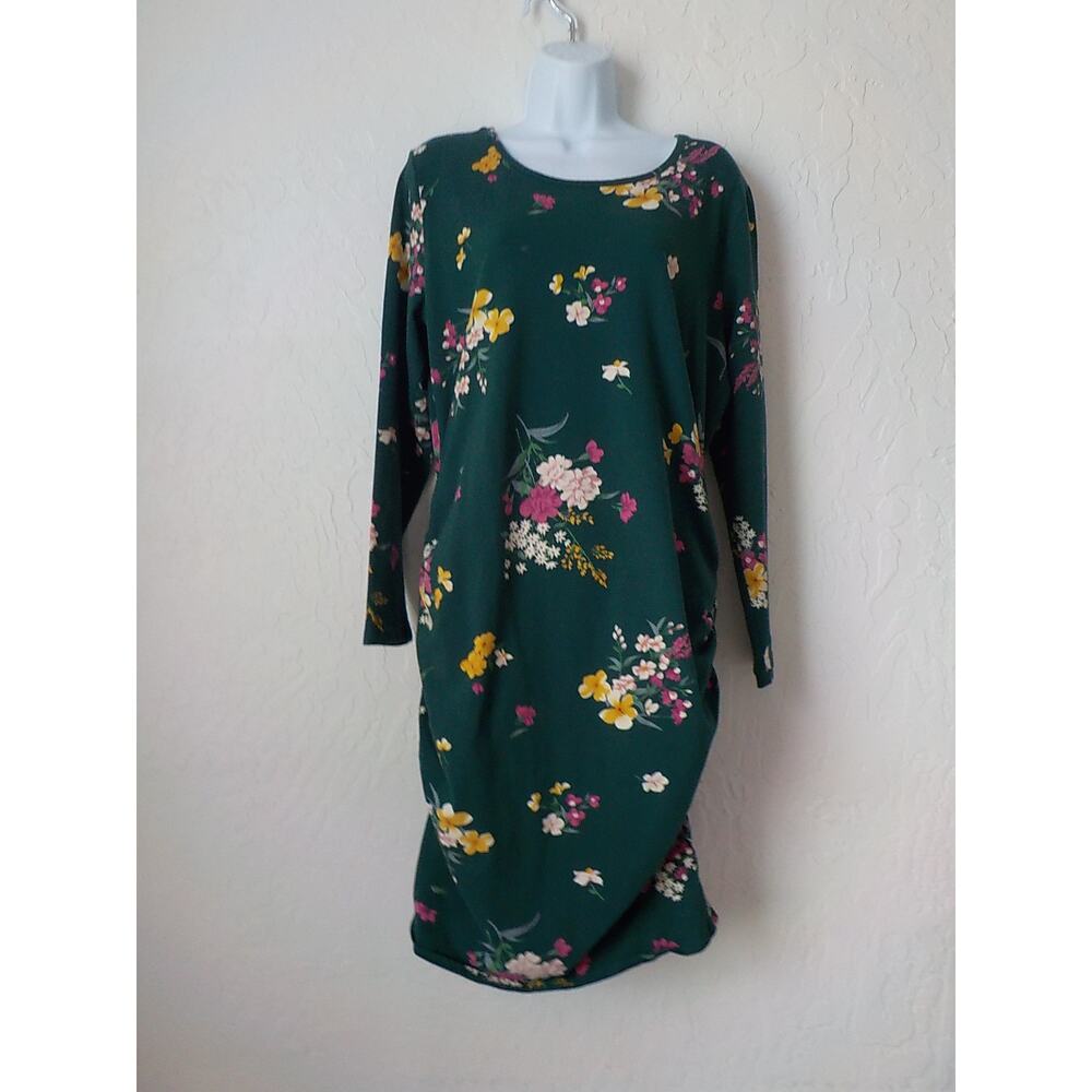 Old Navy Women 1X Green Floral Sheath Dress Ruched Sides Long Sleeve Stretch